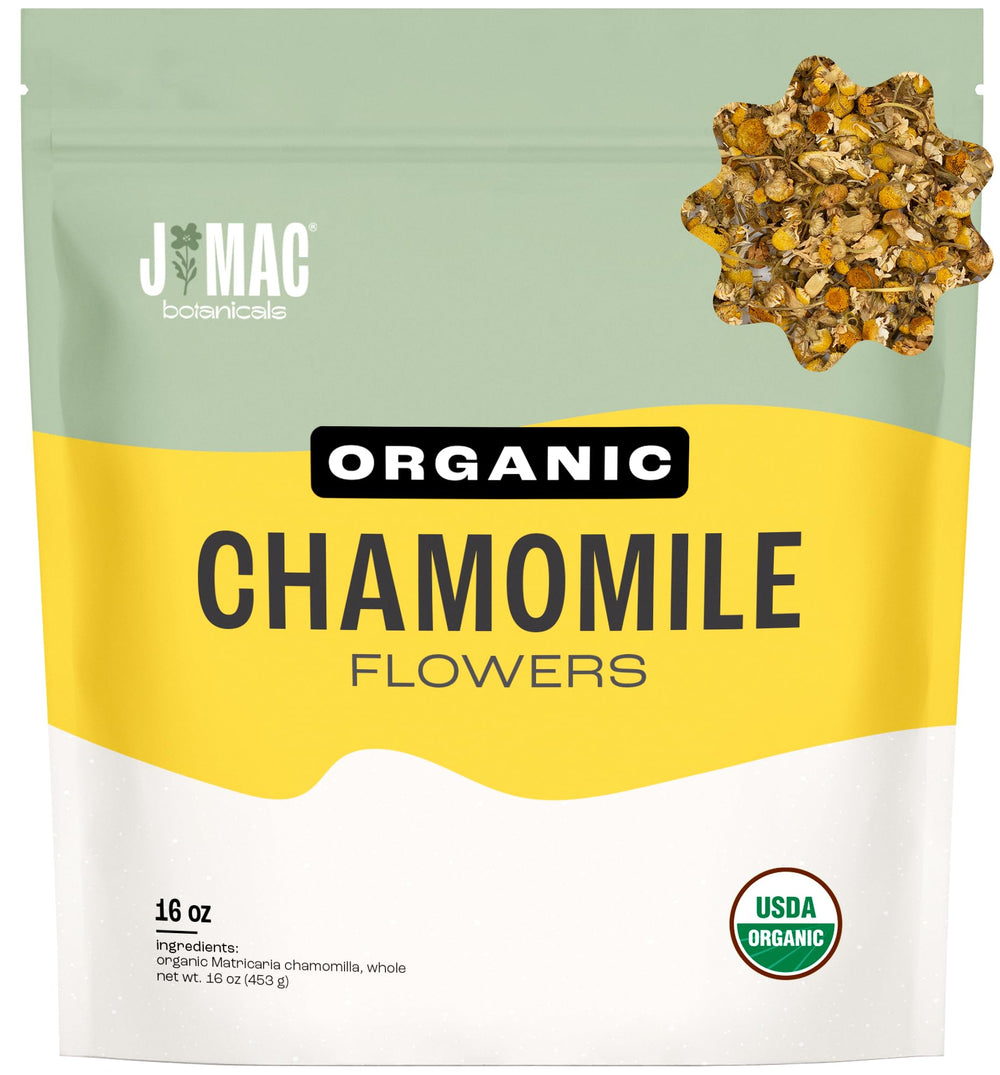 J Mac Botanicals chamomile flowers front view for soothing tea