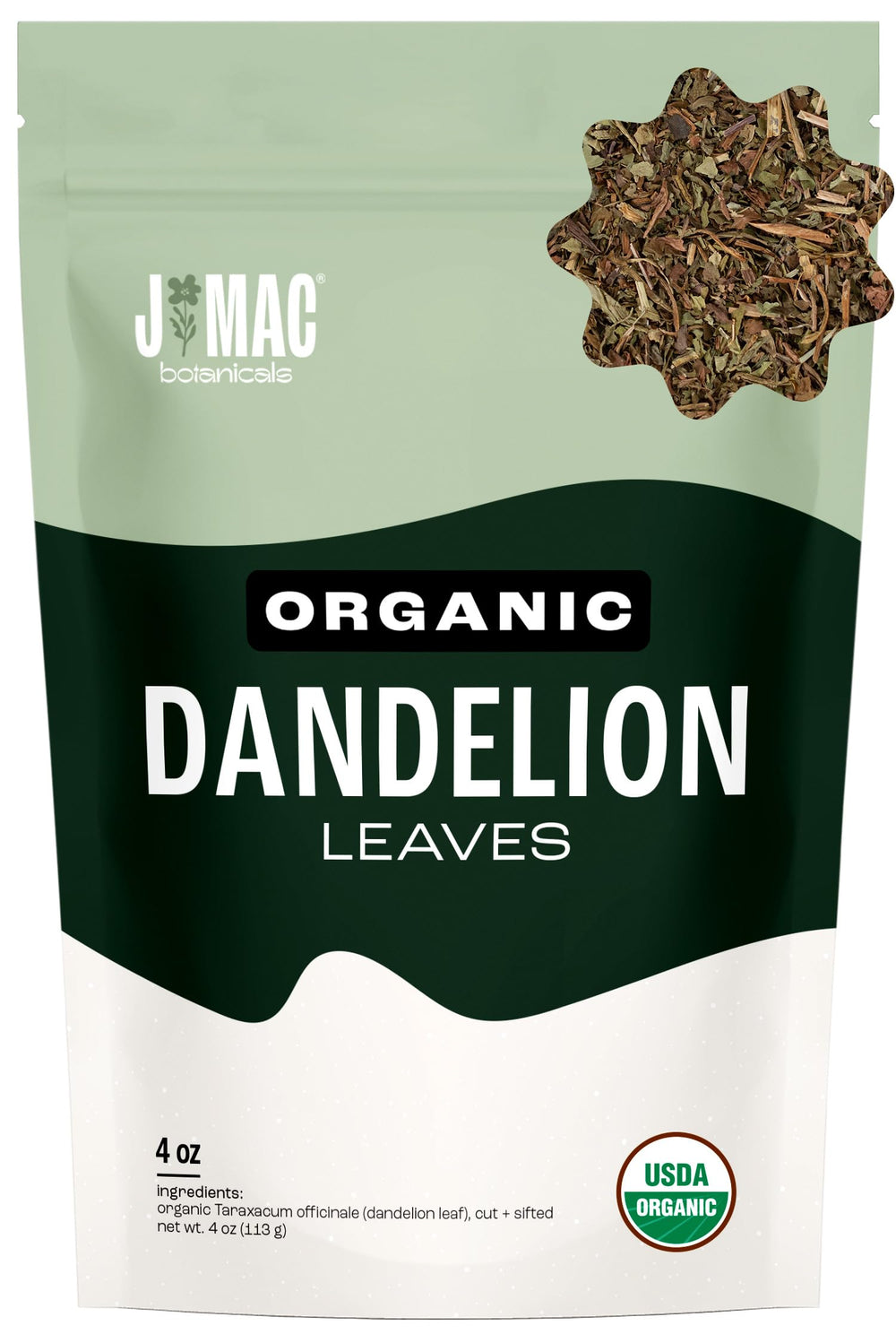 J Mac Botanicals dandelion leaves bag — resealable packaging for fresh herbal use.