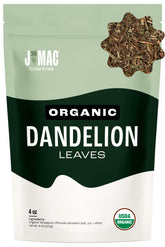 J Mac Botanicals dandelion leaves bag — resealable packaging for fresh herbal use.