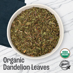 J Mac Botanicals dandelion leaves dried closeup, premium ingredient for infusions.