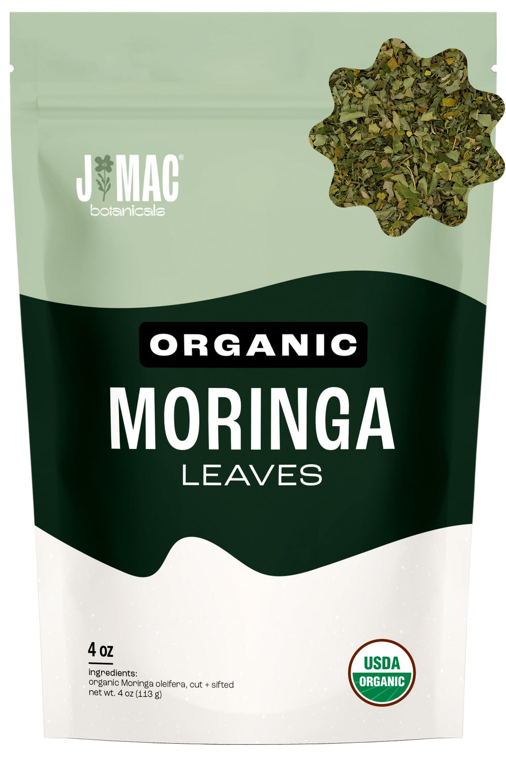 J Mac Botanicals organic moringa leaves bulk bag for easy daily tea