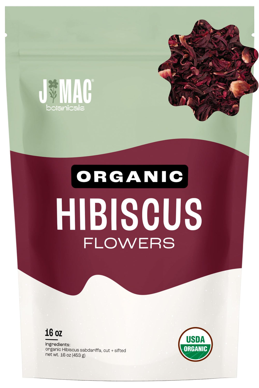 J Mac Botanicals organic hibiscus flowers bulk for refreshing tea blends.