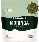J Mac Botanicals organic moringa leaf bulk bag shown for daily use and storage