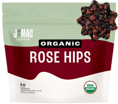 J Mac Botanicals Organic Rose Hips dried in a resealable bag for tea infusions