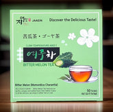 JaAeIn Bitter Melon Tea packaging highlighting natural Korean source and caffeine-free, gluten-free blend.