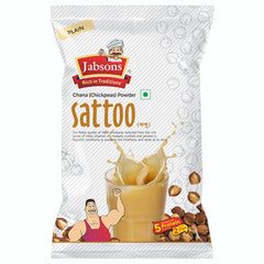 Jabsons Sattoo flour pouring from a jar, a protein-rich base for energy-boosting recipes.