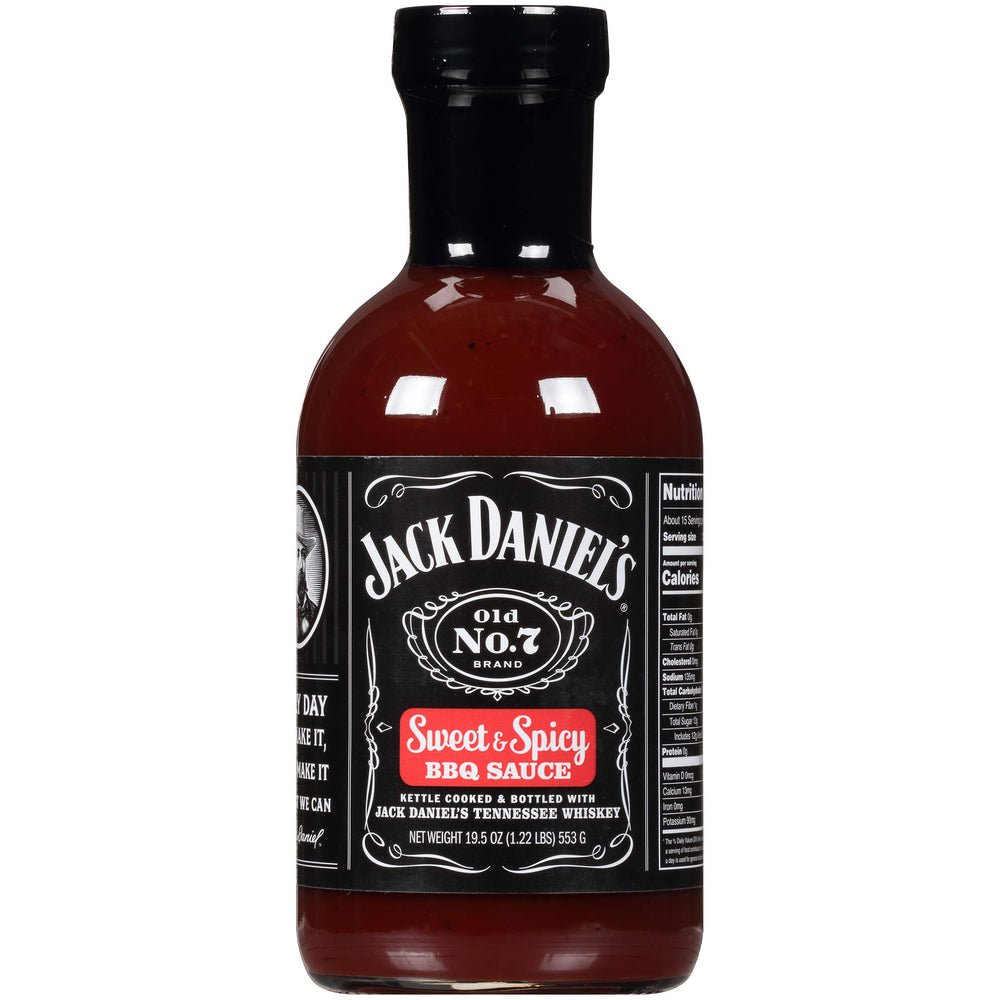 Jack Daniels Barbeque Sauce Sweet and Spicy bottle front, perfect for family barbecues.