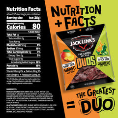 Close-up of Jack Link's DUOs jerky slices highlighting jalapeño and mango flavors for bold snacking.