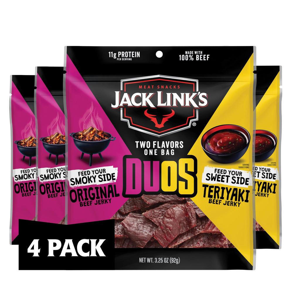 Jack Link's DUOs pack front shows Original and Teriyaki flavors for snack variety