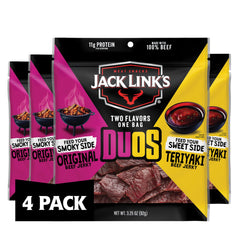 Jack Link's DUOs pack front shows Original and Teriyaki flavors for snack variety