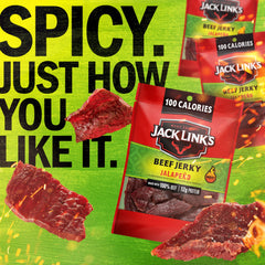 Jack Link's Jalapeño Beef Jerky 1.25 oz bag close-up, bold jalapeño flavor.