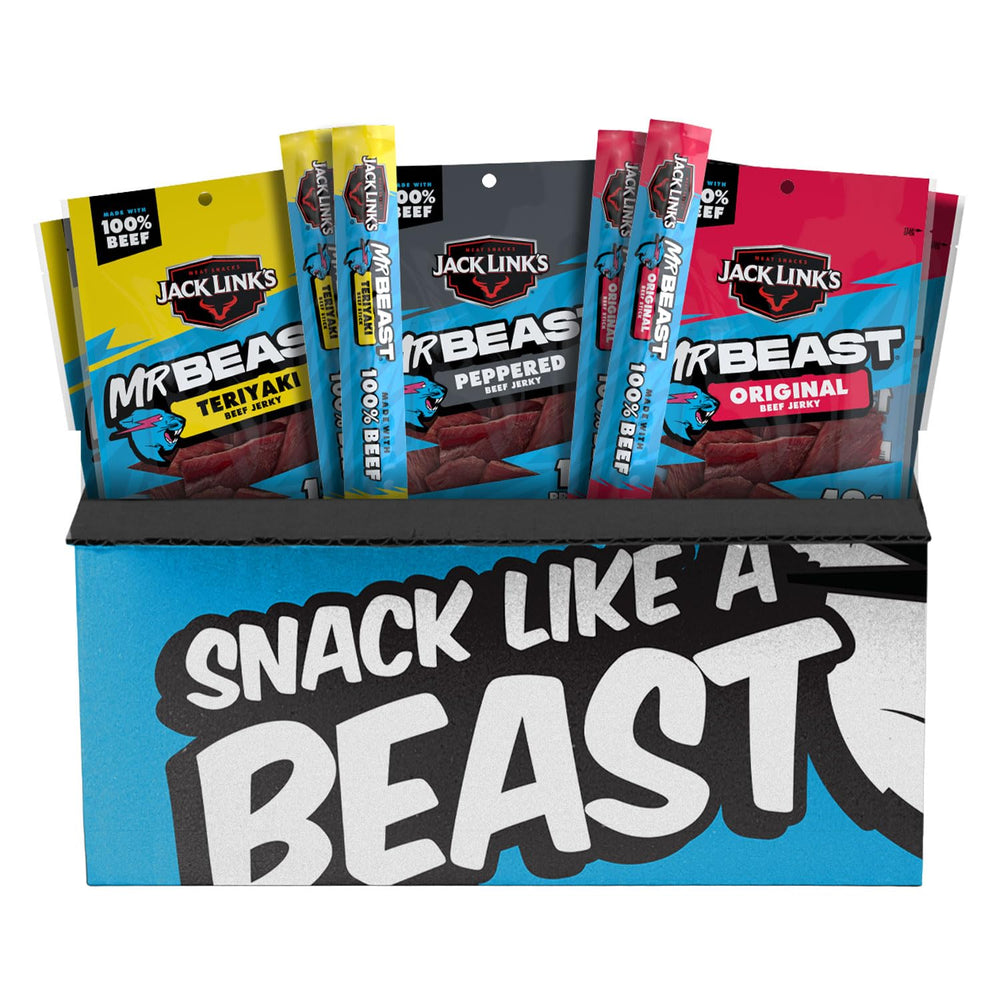 Jack Link’s x MrBeast beef jerky variety box in packaging for convenient pantry snacking.