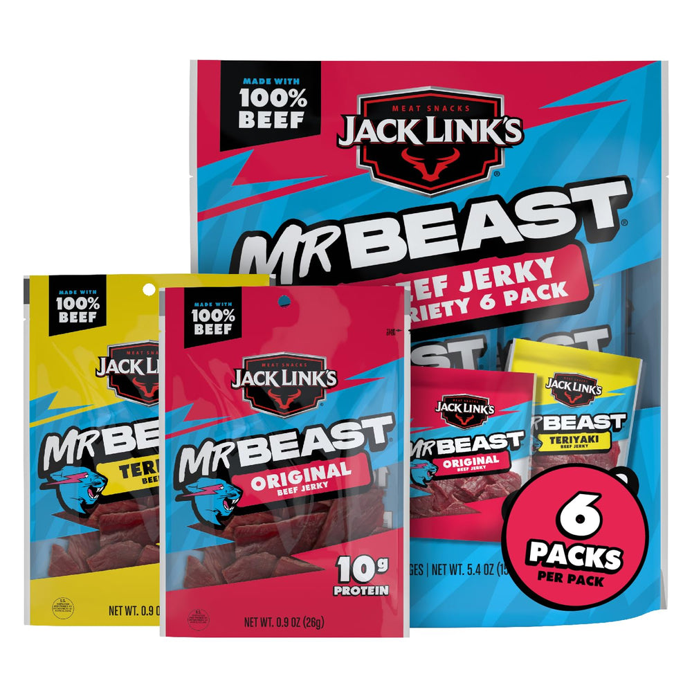 Jack Link's x MrBeast variety pack front view for quick, protein-packed snacking.