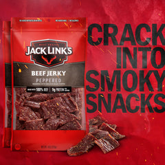 Jack Link's Peppered Beef Jerky strips on cutting board highlight rugged texture for craving bites.