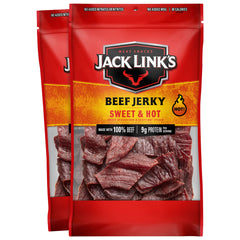 Jack Link's Sweet & Hot beef jerky hero image shows on-the-go protein.