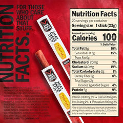Jack Link's Teriyaki meat-stick close-up reveals smoky exterior and chewy texture.