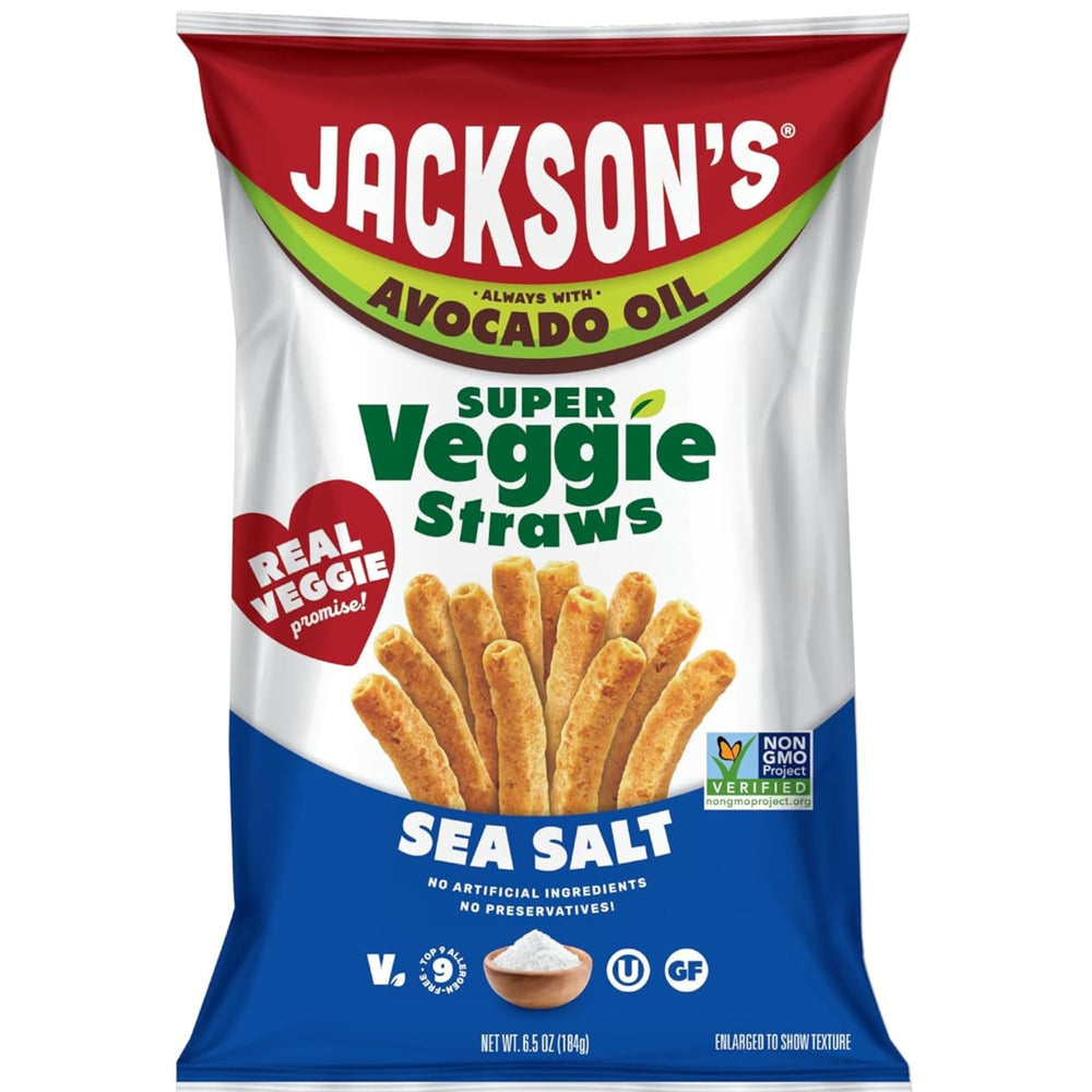 Jackson's Super Veggie Straws sea-salt bag highlights real vegetables for a satisfying crunch.