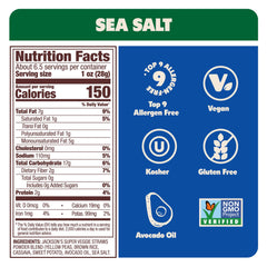 Jackson's veggie straws sea salt closeup shows premium avocado oil for flavor-packed snacking.