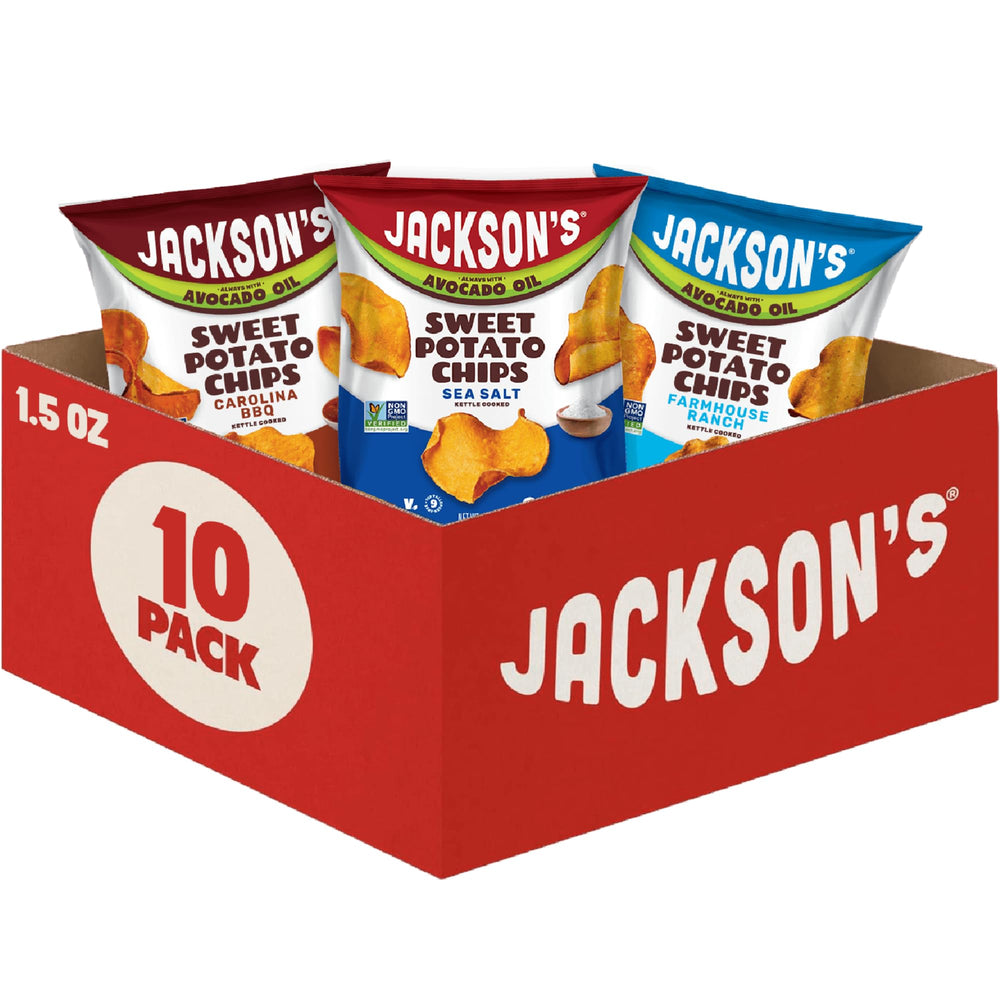 Jackson’s Sweet Potato Kettle Chips with avocado oil and sea salt, gluten-free vegan snack.