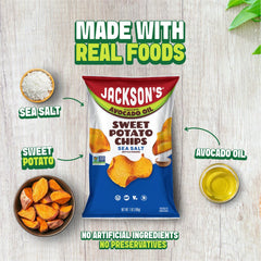 Jackson’s sweet potato chips highlight non-GMO ingredients and a light fry.