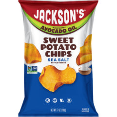 Jackson’s Sweet Potato Kettle Chips with sea salt cooked in avocado oil, six-pack, ready to share.