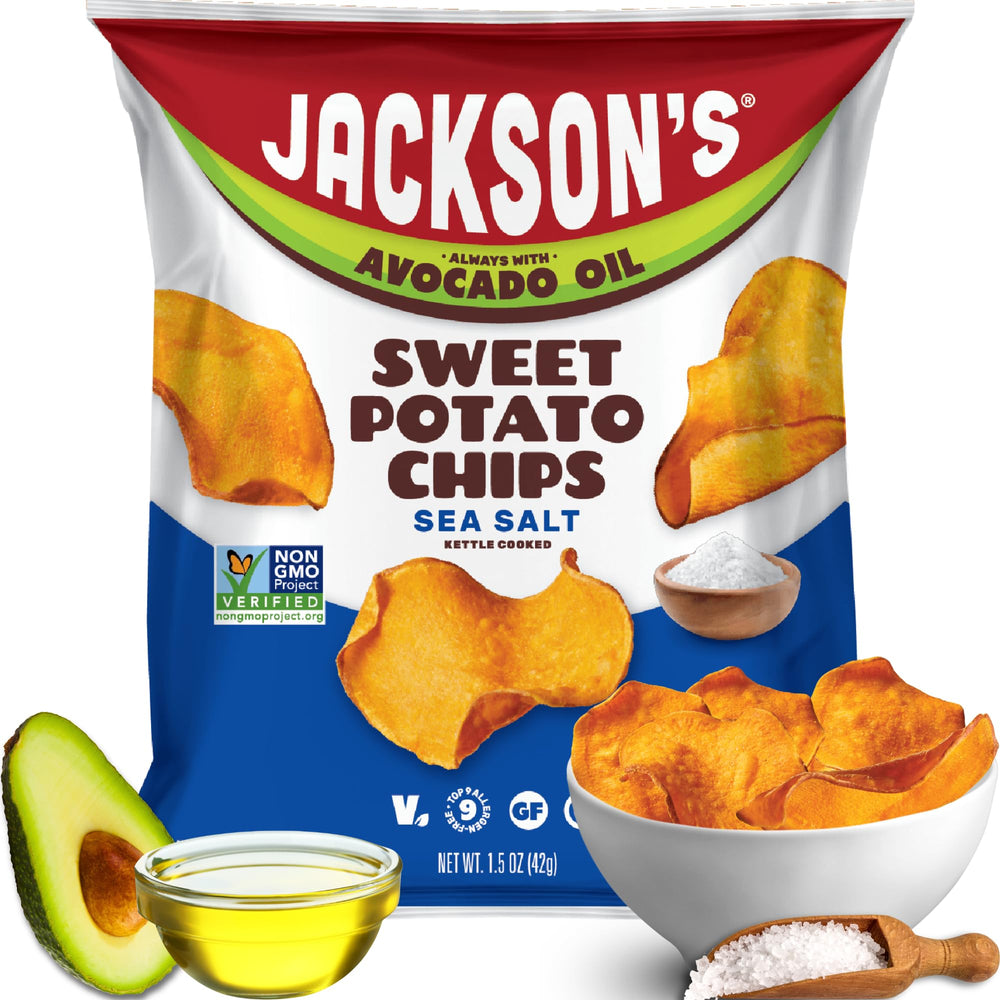 Jackson’s Sweet Potato Kettle Chips with sea salt and avocado oil on the front pack for on-the-go snacking.