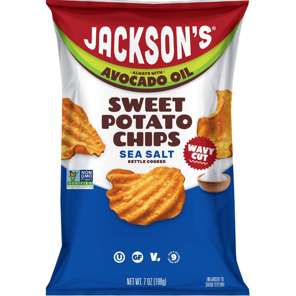 Jackson's Wavy Sea Salt Sweet Potato Chips pack for on-the-go snacking with sea salt flavor.