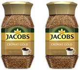 Jacobs Cronat Gold instant coffee jar front view; glass packaging preserves aroma for easy brews.