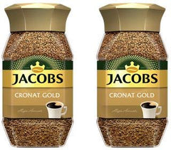 Jacobs Cronat Gold instant coffee jar front view; glass packaging preserves aroma for easy brews.