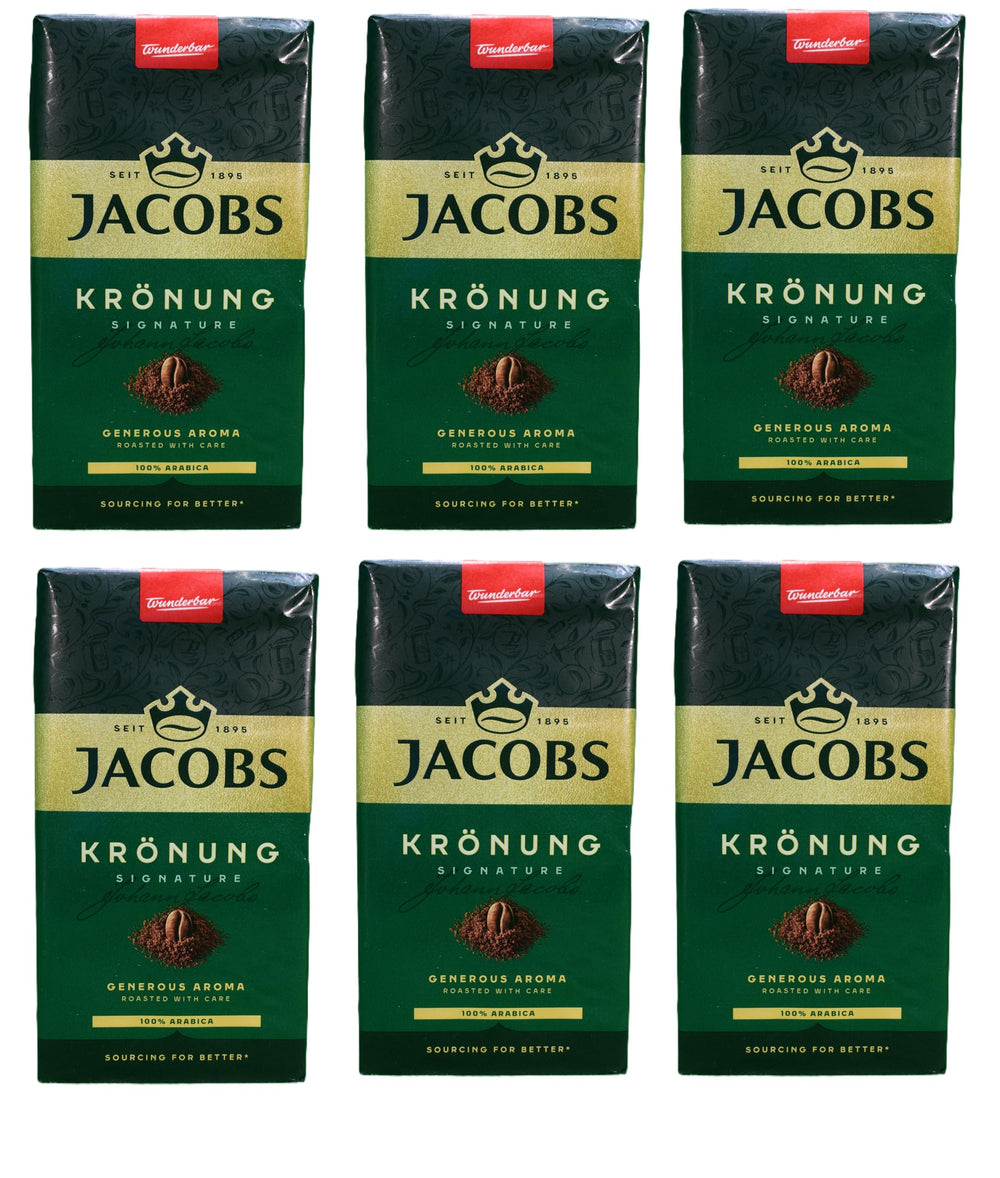Jacobs Kronung ground coffee six-pack 500 g for rich mornings.
