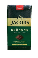 Jacobs Kronung ground coffee being poured into a cup for a strong brew
