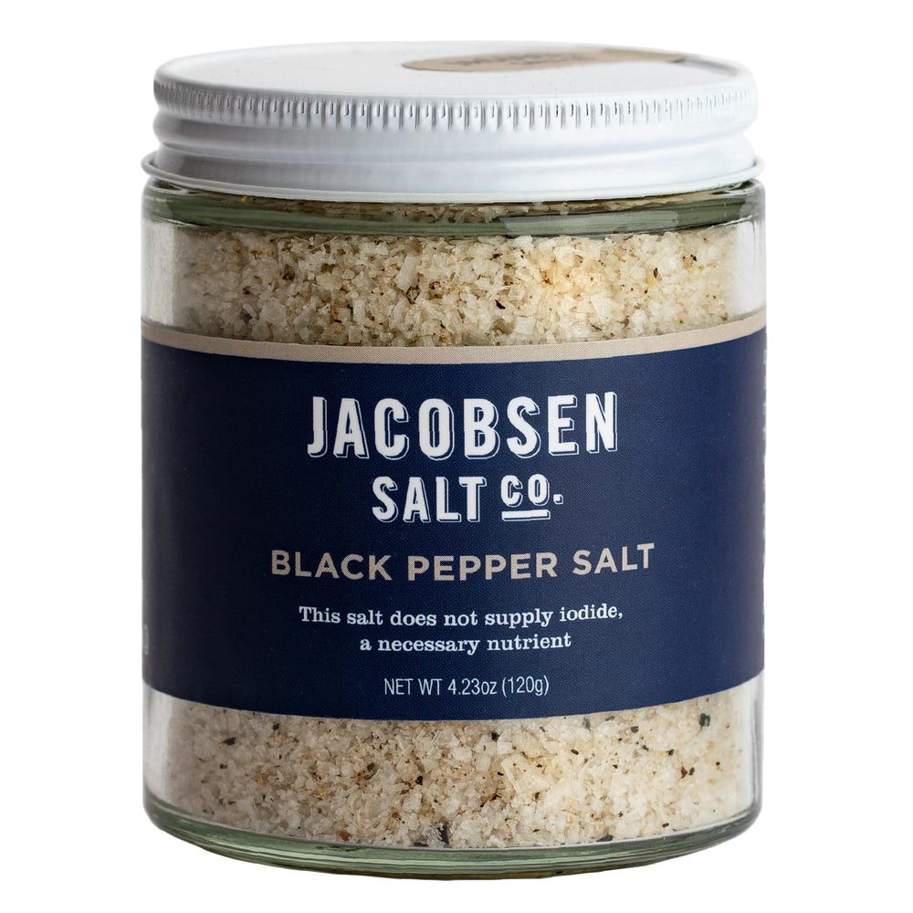 Jacobsen Salt Co. Black Pepper Salt bottle shows pepper-infused crystals for elevated steaks.