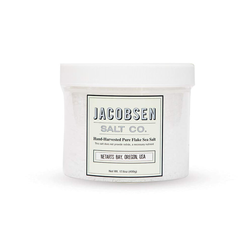 Jacobsen Salt Co. Pure Flake Finishing Salt bottle with pristine crystals for finishing.