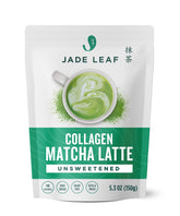 Jade Leaf Matcha Latte Powder bottle showing cafe-style latte for home use.