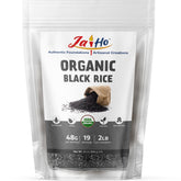 Jai Ho black rice bag closeup highlighting organic, additive-free whole grain.