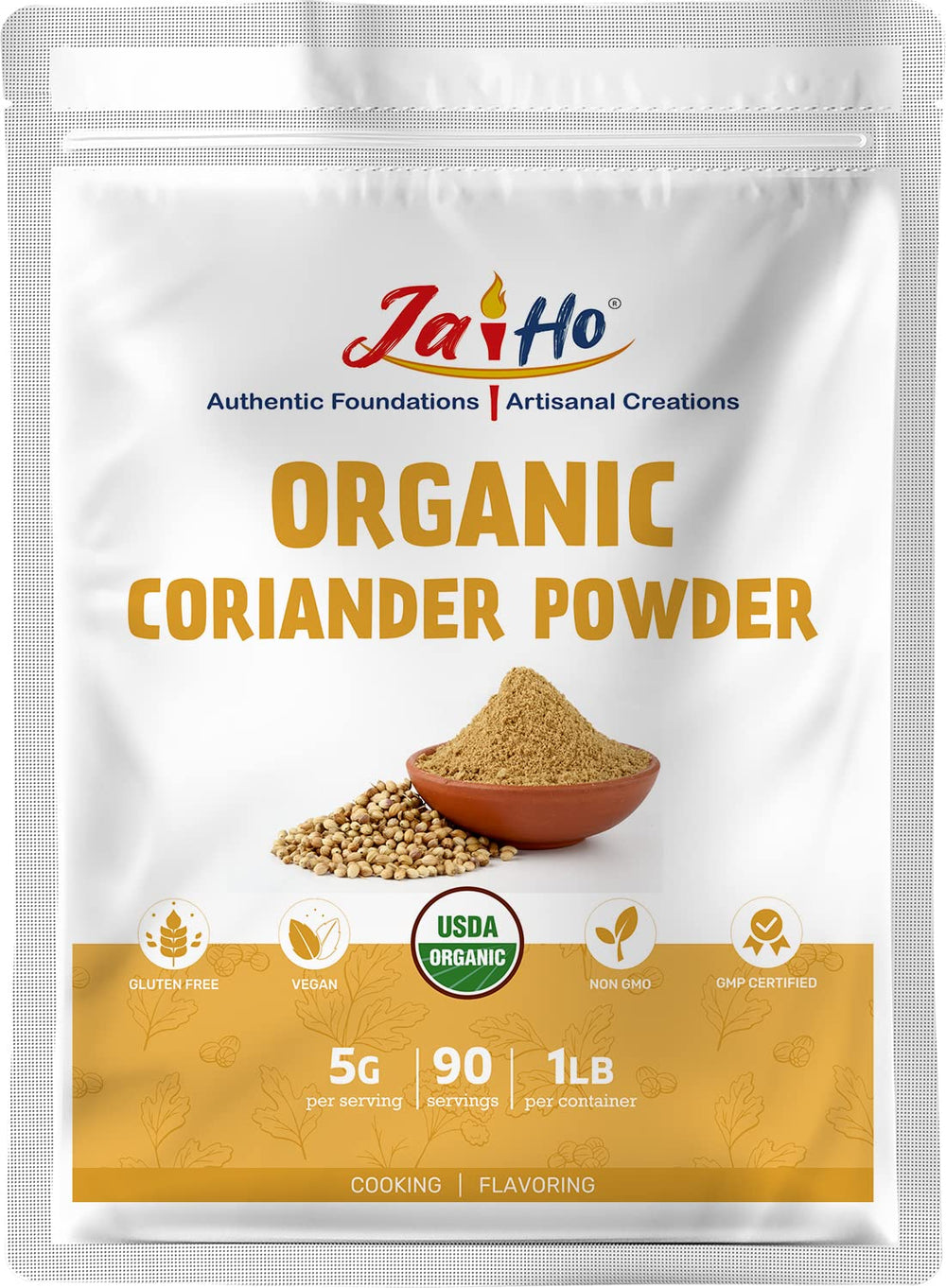 Jai Ho coriander powder bottle with label, highlighting organic, pure flavor.