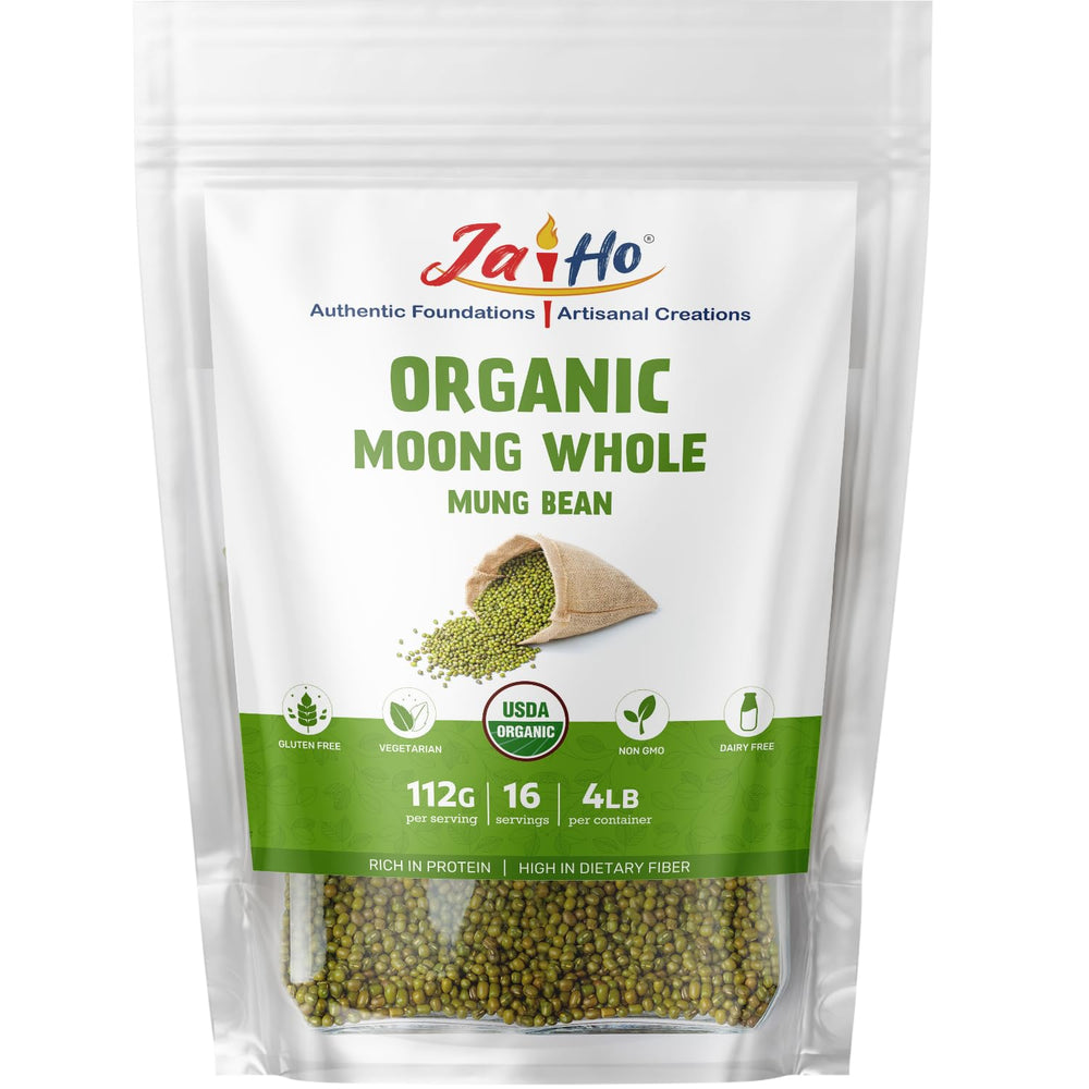 Jai Ho organic moong beans packaging with organic certification label