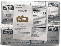 Jaipur Avenue Cardamom Chai Tea Mix packaging highlights gluten-free and preservative-free ingredients.