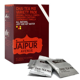 Jaipur Avenue Variety Chai Tea Mix packaging highlights gluten-free, preservative-free blend.
