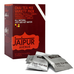 Jaipur Avenue Variety Chai Tea Mix packaging highlights gluten-free, preservative-free blend.
