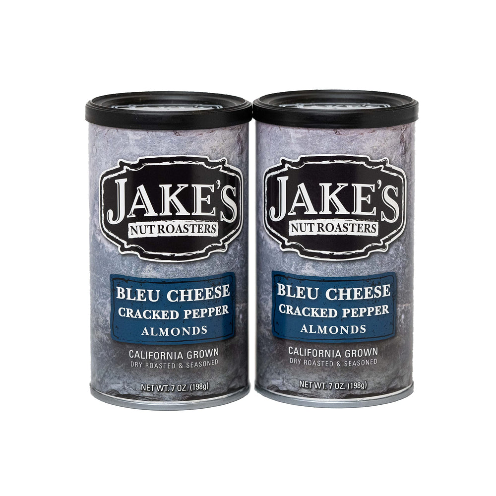 Jake's Nut Roasters Bleu Cheese Cracked Pepper Almonds can front view, protein-packed snack.