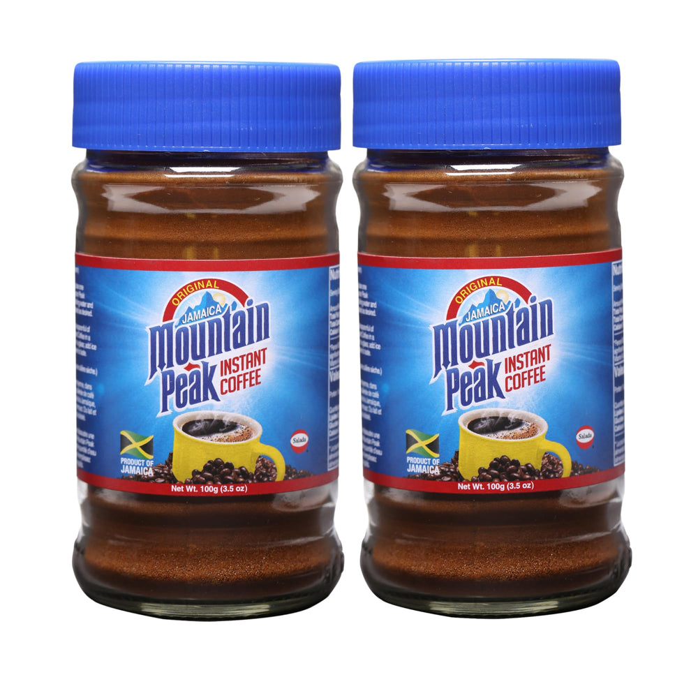 Jamaica Mountain Peak instant coffee two-pack jars on a kitchen shelf for everyday convenience.