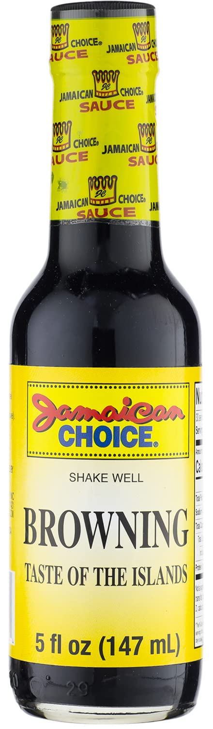 Jamaican Choice Browning Sauce bottle adds rich color and flavor to Caribbean dishes.