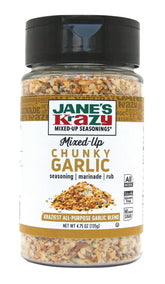Jane's Krazy Chunky Mixed-Up Garlic Seasoning shaker can on kitchen counter for versatile meals