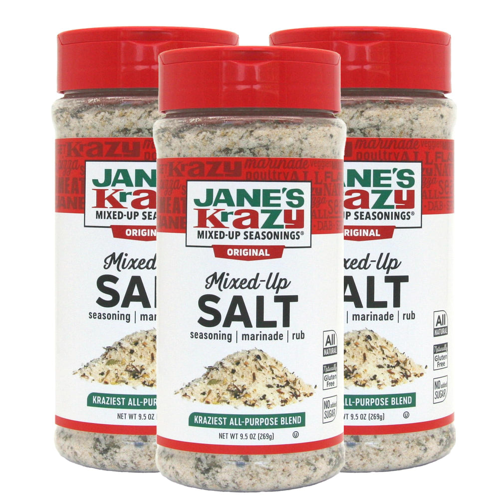 Jane's Krazy Mixed-up Original Salt Blend three-pack packaging on shelf for convenient seasoning.