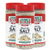 Jane's Krazy Mixed-up Original Salt Blend three-pack packaging on shelf for convenient seasoning.