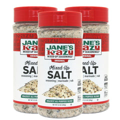 Jane's Krazy Mixed-up Original Salt Blend three-pack packaging on shelf for convenient seasoning.