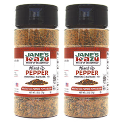 Jane's Krazy Mixed Up Pepper pack front with two jars for quick flavor boosts.