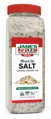 Jane's Krazy Mixed-Up Salt bottle closeup; all-natural flavor booster with no MSG.