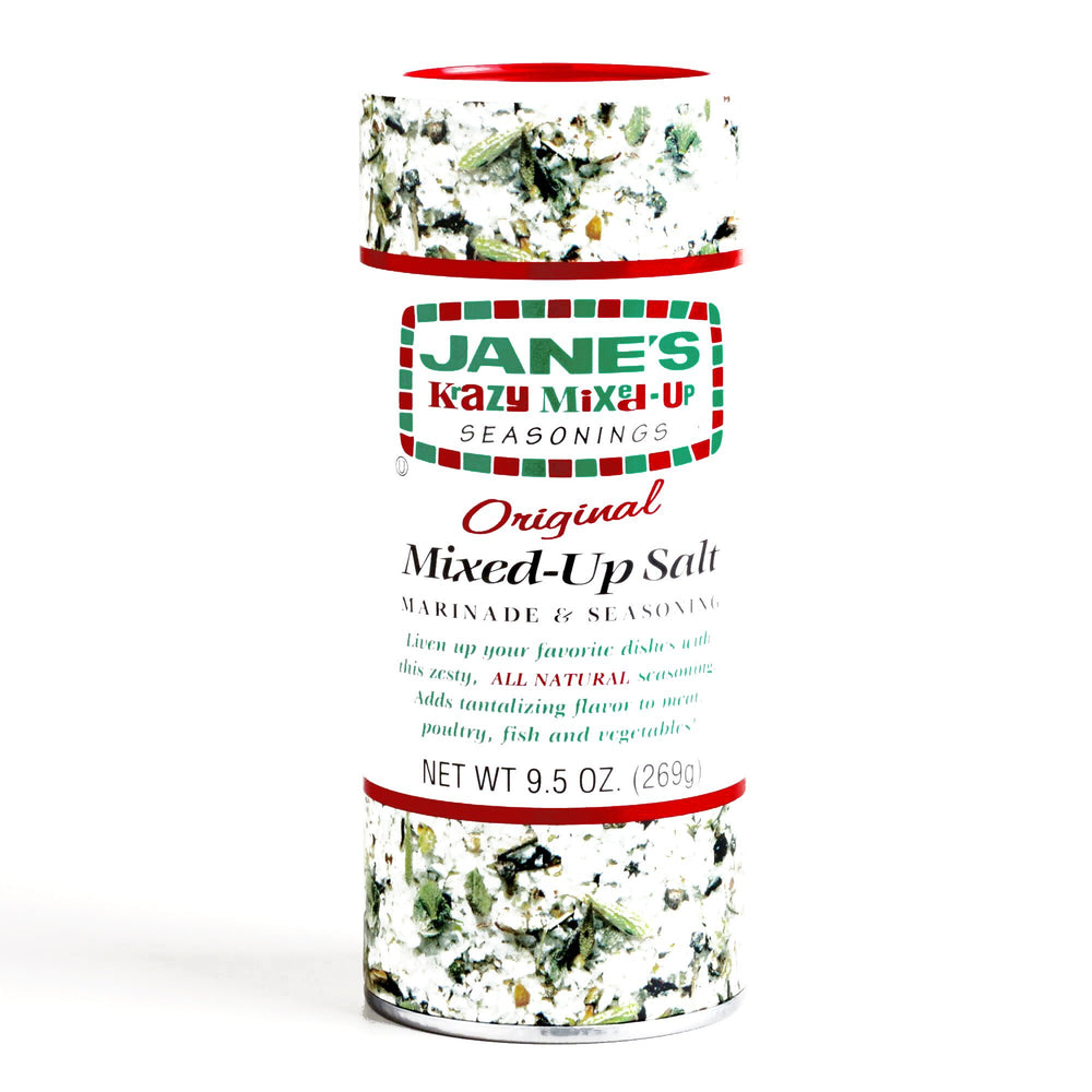 Jane's Krazy Mixed Up Salt jar highlighting balanced seasoning for everyday cooking.